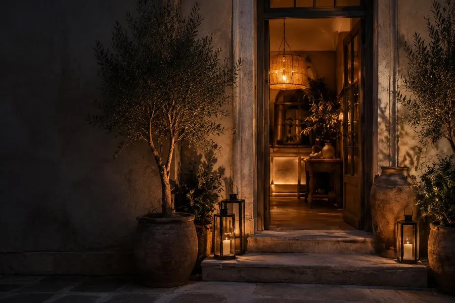 Entrée éclairée d'une maison d'hôtes au crépuscule